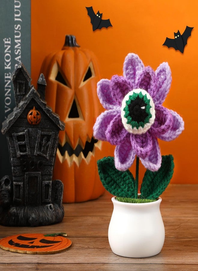 JULEASEL Halloween Spooky Eyeball Crochet Potted Flower - Handmade Purple Monster Plant with Eerie Eyeball, Creepy Home & Office Desk Decor, Gift for Friends, Family & Coworkers - Image 2
